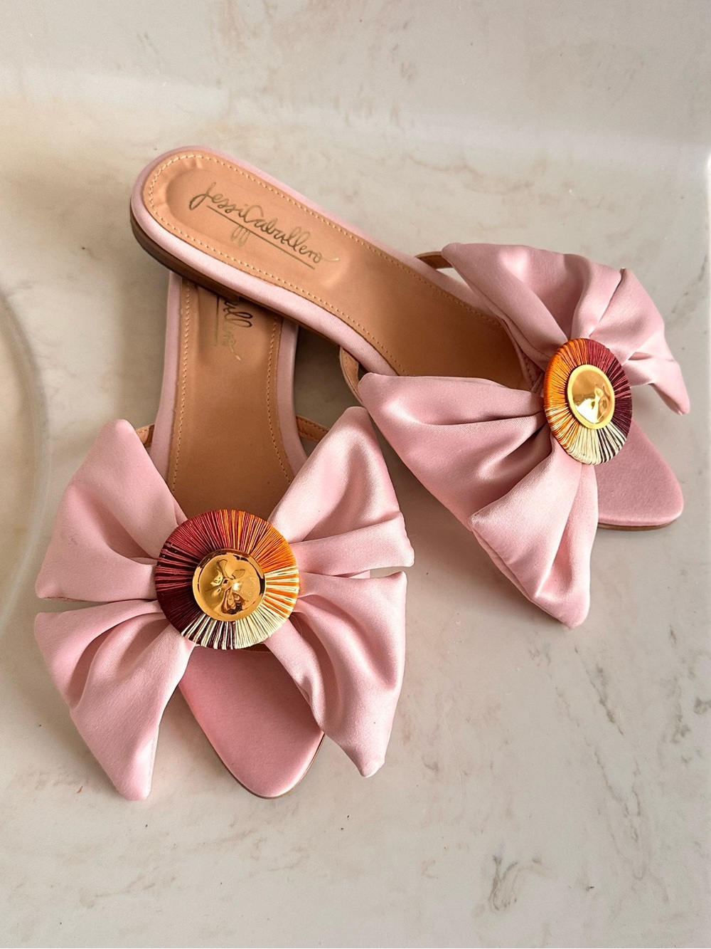 Jessica Caballero Handmade Bow Slide Sandals Pink Satin Artisan Detail Sz 8 NWT